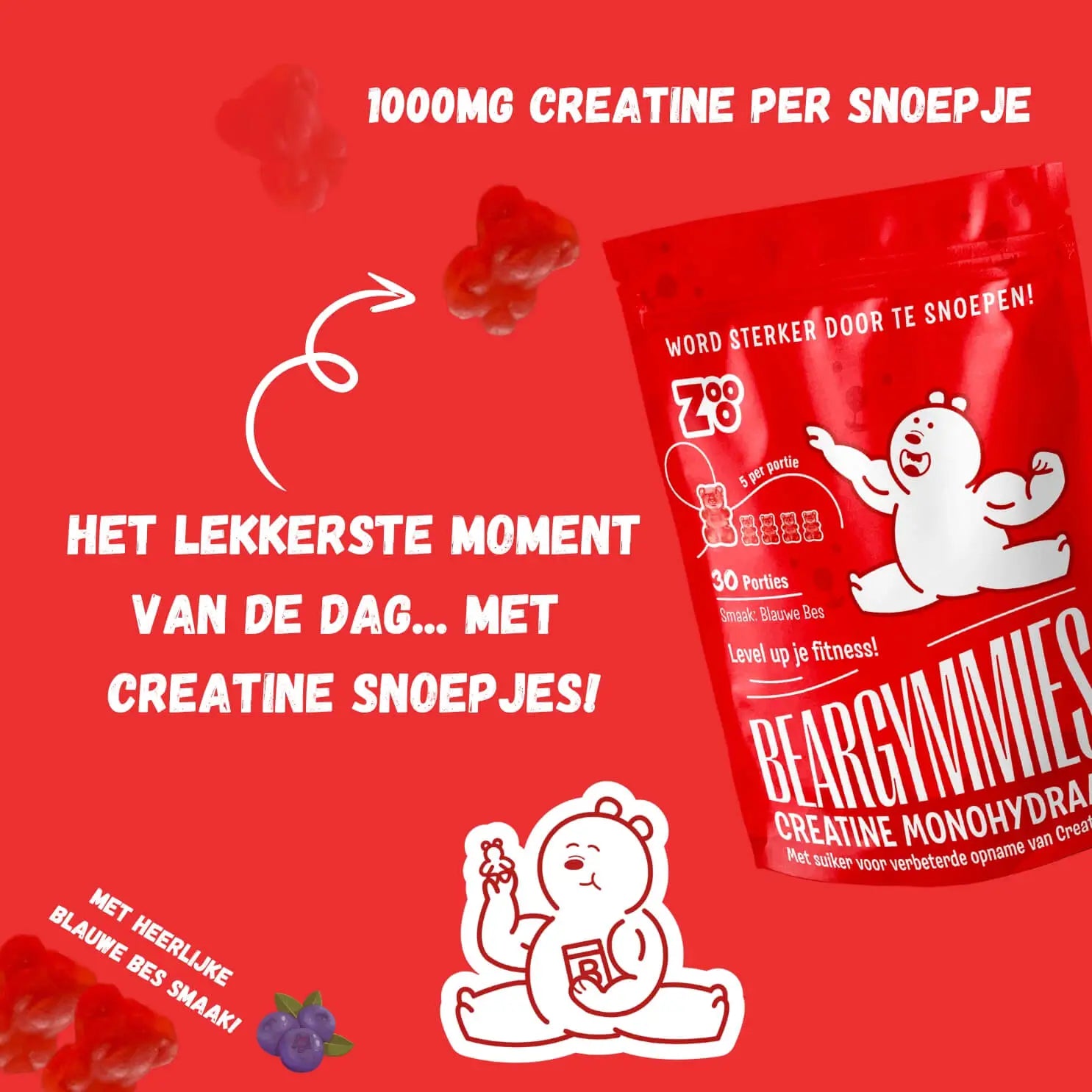 Tweede productafbeelding van Zooo Nutrition Beargymmie Creatine Monohydraat gummy beertjes, met 1000mg creatine per snoepje en blauwe bes smaak.