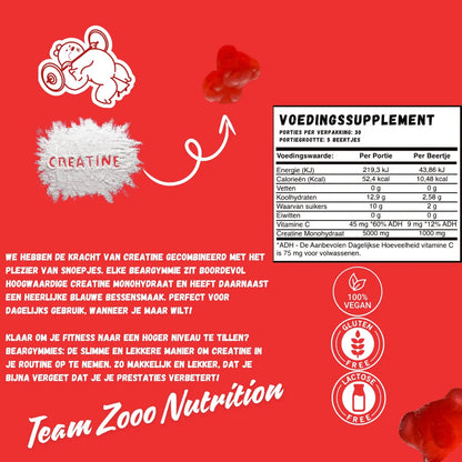 Derde productafbeelding van Zooo Nutrition Beargymmie Creatine Monohydraat gummy beertjes, met voedingswaardetabel en uitleg over de voordelen van creatine.