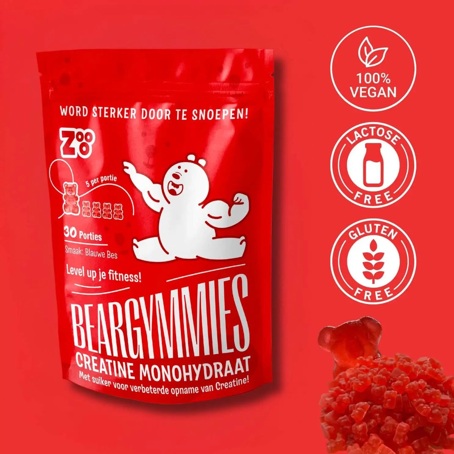 Zooo Nutrition Beargymmie Creatine Monohydraat gummies, 100% vegan, lactose- en glutenvrij, blauwe bes smaak