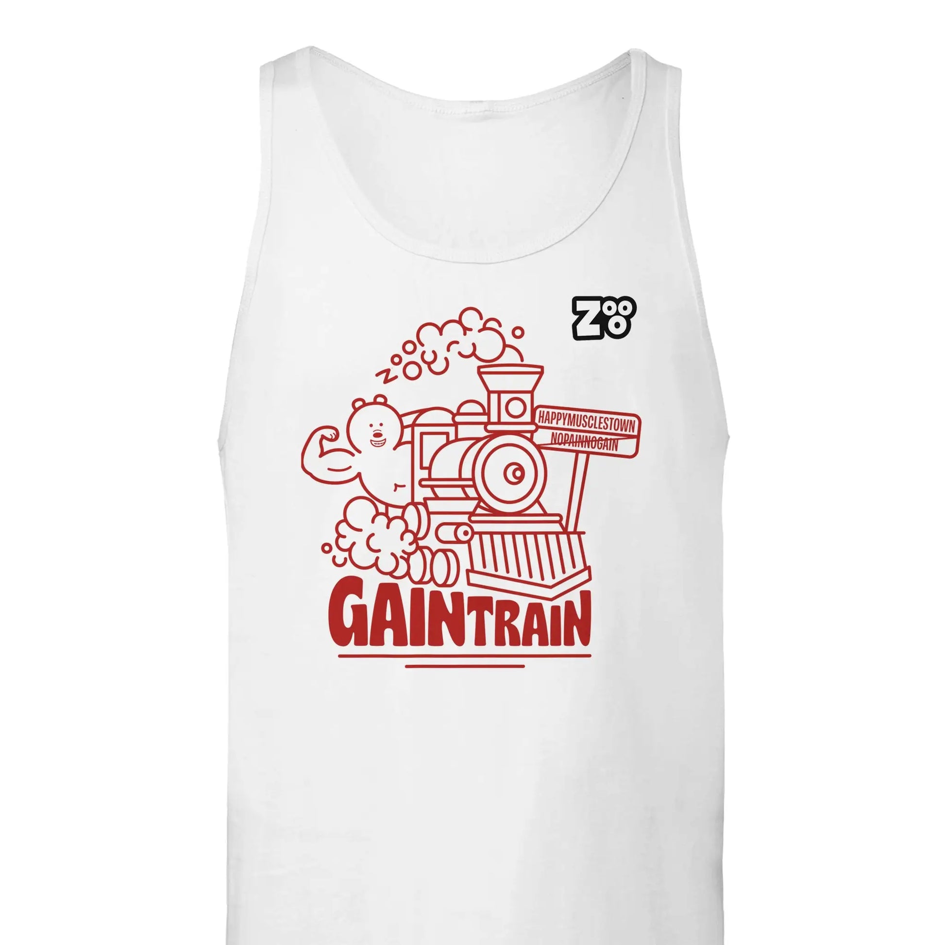 Witte tanktop van Zooo Nutrition met Gaintrain design(vooraanzicht)