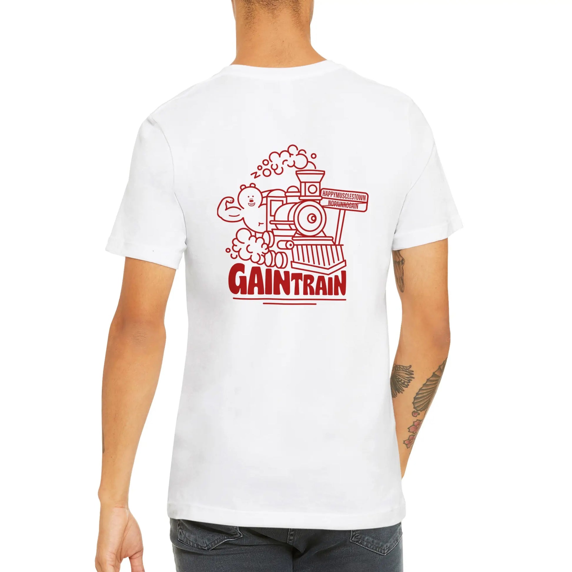 Wit t-shirt met rood gaintrain design van Zooo Nutrition