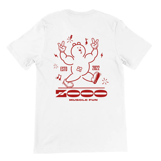 Wit t-shirt met rood mister muscle fun design van Zooo Nutrition