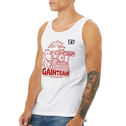 Witte tank top met Gaintrain design van Zooo Nutrition