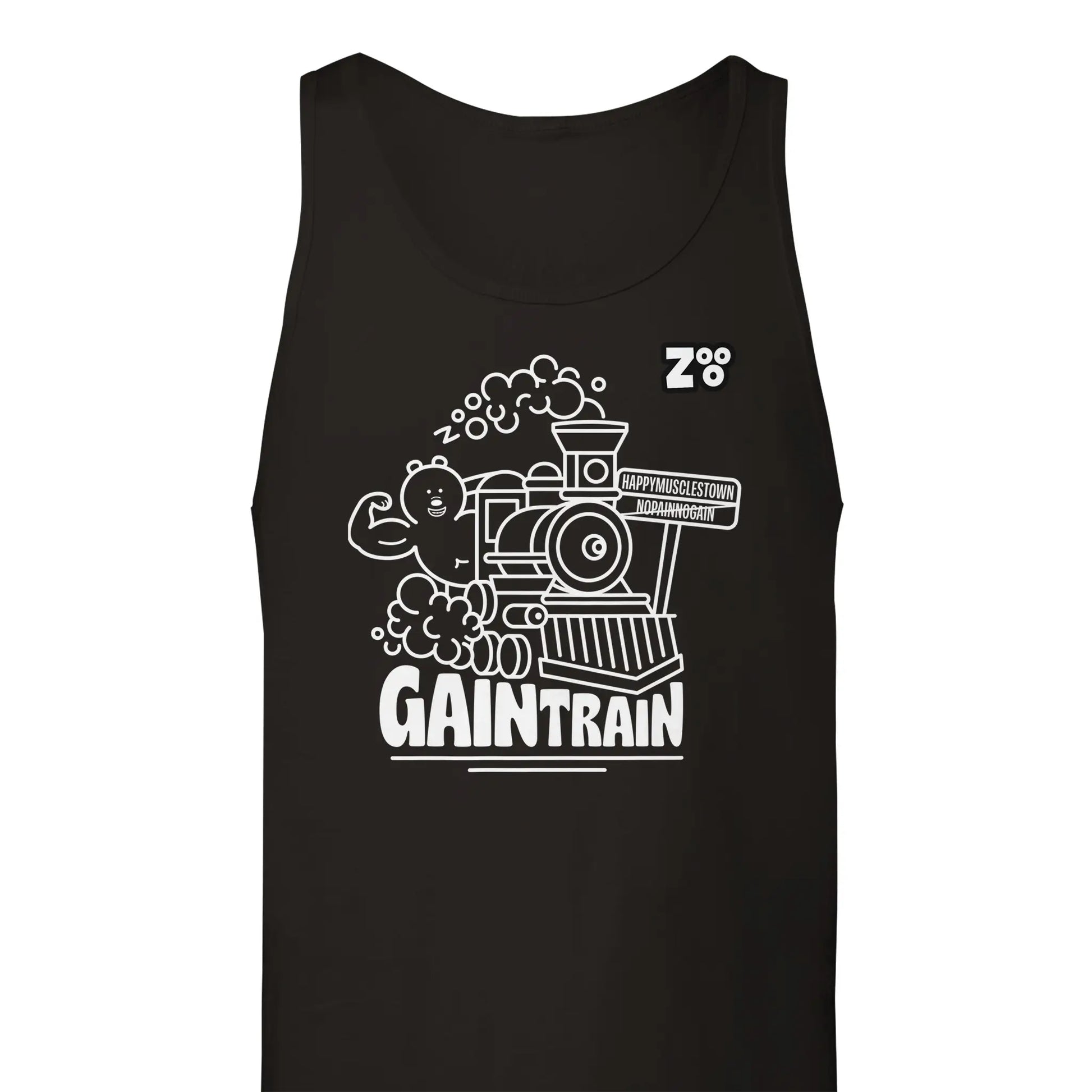 Zwarte tank top met Gaintrain design van Zooo Nutrition