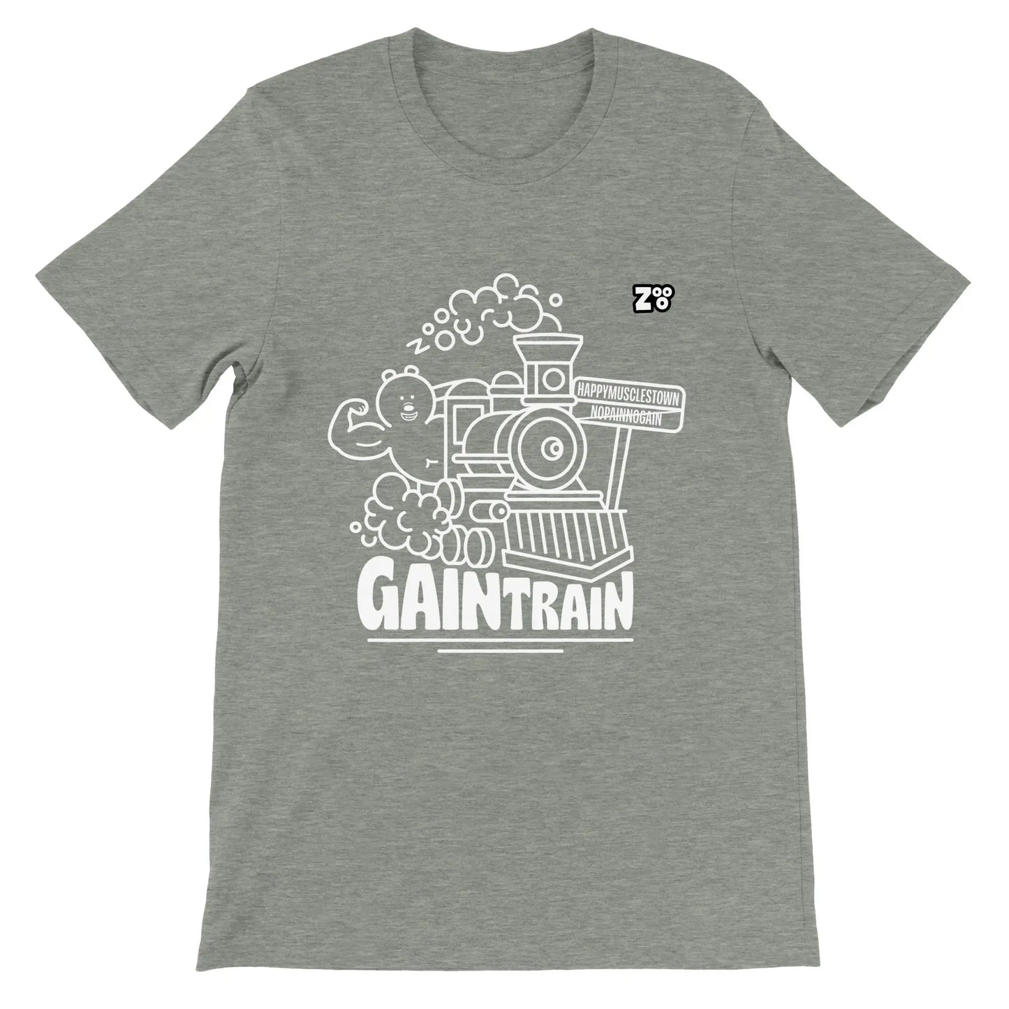 Grijs t-shirt met wit gaintrain design van Zooo Nutrition